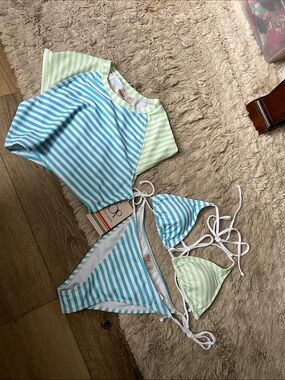 NWT. OP. Medium. Striped 3 piece Swim Set in Aqua Blue & Light Green Stripes